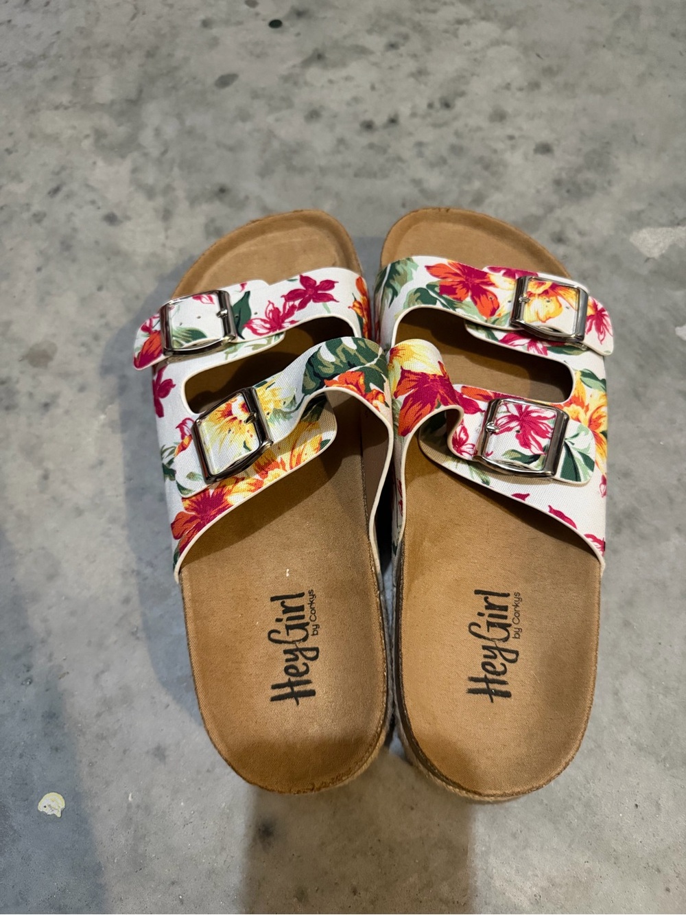 Corkys White Floral Double-Buckle Slide Sandals